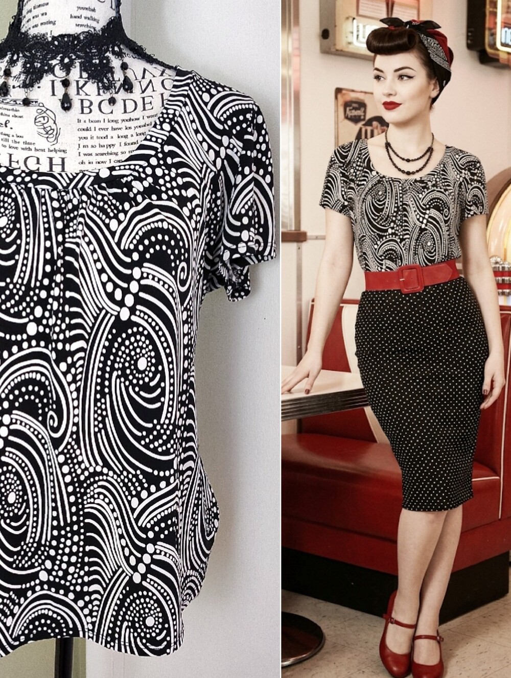 VTG Black & White Polka Dot Swirl Print Short Sleeve Blouse *Medium Rockabilly